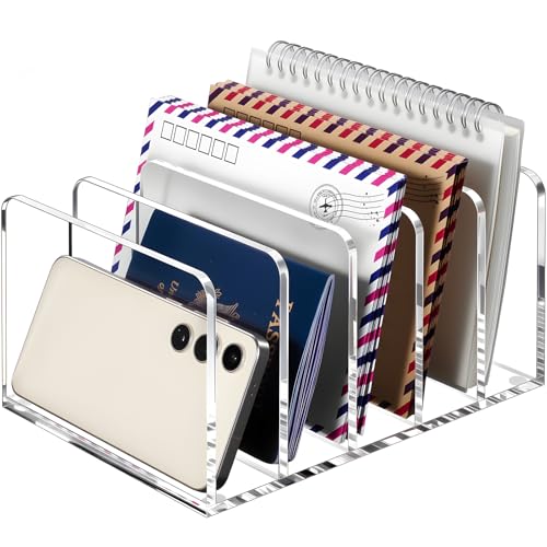 BEYGORM Acrylic Mail Holder, Clear Multifunction Desk Organizer with Divider, Vertical Letter Sorter for Desktop, 5 Compartments Modern Office Home Envelope Organizer for Folder, Document, Notebook - size: Large