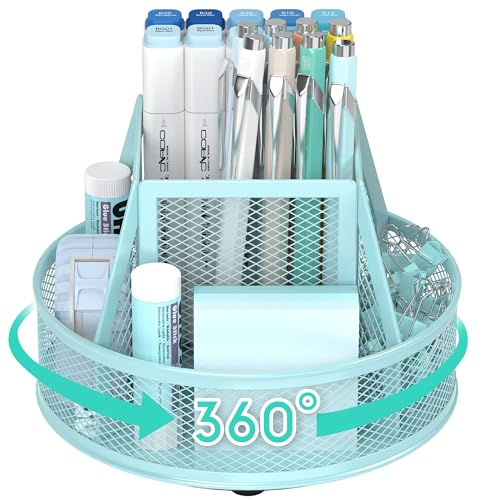 YINGHUA Metal Mesh Desk Organizer with 5 Compartments and Rotating Pencil Holder Pen and Stationery Organizer for Office Home School Anti Slip Base Blue - color: Blue