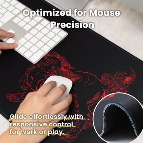 BELLEMOND Japanese Art Desk Mat | Large 31.5x11.8in Anime Mouse Pad for Keyboard & Mouse | Non-Slip Base, Water-Repellent | Original Japanese Design | Kara-jishi - Twin Lions - color: Kara-jishi - Twin Lions