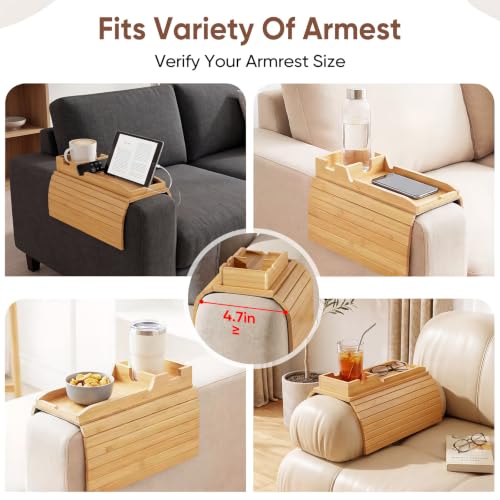 Bamboo Couch Arm Tray Table with Built-in Cup Holder, Foldable Anti-Slip Sofa Armrest Table for Drinks, Phone & Remote, Fits 4.7–16.9 in Armrests, Holds Cups up to 3.5 in Diameter (Bamboo) - color: Primary Colors