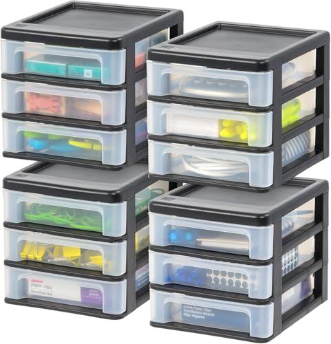 IRIS USA Plastic Stacking Desk Top 3-Drawer Storage Organizer, 4-Pack, for Makeup Vanity Nail Polish Bathroom Stationery Art Craft Supplies Kitchen Office Garage and Small Organization, Small, Black - color: Black, style: Small - 4 Pack