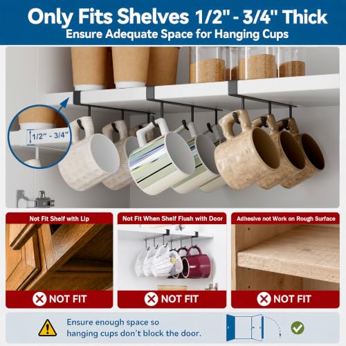 ECROCY Coffee Mug Holder Under Cabinet Only Fits Shelves up to 3/4" Thick, Clip-On Coffee Cup Holder Pack of 3, No Drilling Free Damage - color: Black