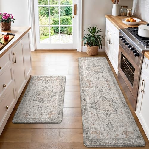 GENIMO Kitchen Mats for Floor 2PCs, Washable Anti Fatigue Mat for Cushioned, 23.6"x71"+20" x 32", Waterproof Kitchen Rugs, Non Slip Comfort Standing Mat Rug for Home, Sink, Laundry, LightTaupeBrown - color: Light Taupe Brown, size: 23.6"x71"+20" x 32"--0.
