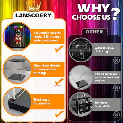 LANSCOERY Acrylic Display Case 5.9x5.9x11.8 in, 10mm Base, RGB Ring Light, 3mm Clear Panels, Front Door for Action Figures and Models - size: 5.9x5.9x11.8inch; 15x15x30cm