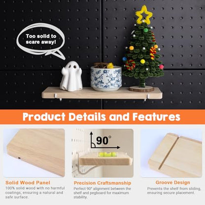 Solid Wood Pegboard Shelf, Pegboard Shelves with Pegboard Hooks, Pegboard Accessories for Craft Room, Garage, Gaming Room, 4 Pack