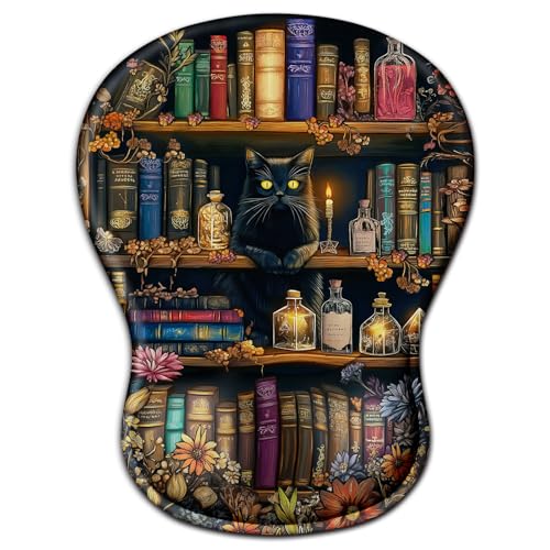 Cat Mouse Pad with Wrist Rest Cute Ergonomic Mousepad Middle Concave Office | Book Wrist Support for Women, Desk Accessories, Gaming, Work, Home, Non-Slip PU Base, for Wireless Mouse Computer Laptop - color: A Book Cat