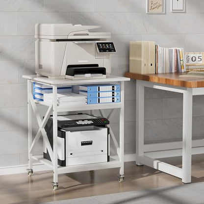 3 Tier Printer Stand, Large Table with Wheels, Rolling Cart with Height Adjustable Middle Storage Shelf, 23.6 x 23.6 x 30.3 Inches Shelf for Home Office, White - color: White