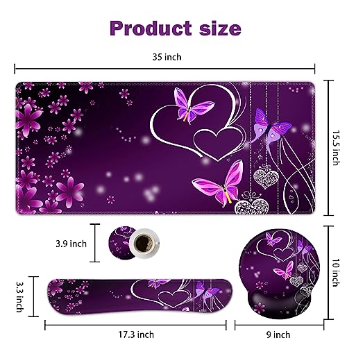 ARTSO Desk Mat, Large Gaming Mouse Pad Wrist Support Set, Ergonomic Keyboard Wrist Rest Desk Pad with Coaster Combo, Extended Mousepad with Non-Slip for Home Office, Purple Heart Butterfly - color: Purple Heart Butterfly