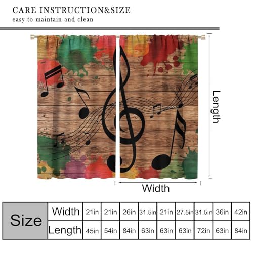 Music Notes Curtain, Funny Disco Retro Wood Board Graffiti Window Treatments Drapes for Bedroom Living Room Bathroom 42" W X 45" L(No Blackout) - color: Musical-6, size: 20.5"W x 45"L (Pack of 2)