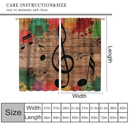 Music Notes Curtain, Funny Disco Retro Wood Board Graffiti Window Treatments Drapes for Bedroom Living Room Bathroom 42" W X 45" L(No Blackout) - color: Musical-6, size: 20.5"W x 45"L (Pack of 2)