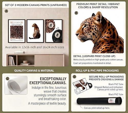 Set of 3 Trendy Leopard Canvas Wall Art Funky Lucky 8 Ball Posters Prints Preppy Room Aesthetic Cheetah Wall Decor Paintings Pictures for Girls Bedroom Apartment Dorm 12x16in Unframed