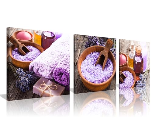 NAN Zen Canvas Wall Art: Lavender Spa Still Life Canvas Art Serene Salt Wall Prints Aroma Flower Art for Relaxing Home & Spa Decor Bathroom Decoration - color: Purple Zen, size: 16X16inchX3pcs