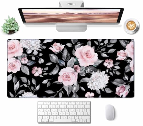 Large Extended Gaming Mouse Pad, Large Non-Slip Rubber Base Mousepad, Keyboard Mouse Mat, Desk Pad with Stitched Edges, 31.5x15.7inch Flowers and Leaves - color: Flowers and Leaves, size: 31.5L x 15.7W inches