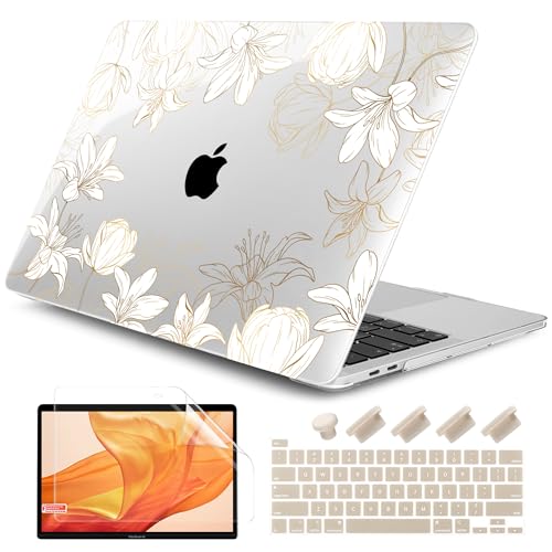 DONGKE Compatible with MacBook Pro 13 inch Case 2024 2023-2020 Release A2338 M2/M1 A2251 A2289 with Retina Display & Touch ID, Plastic Hard Shell & Keyboard Cover & Screen Film- Golden Florals - color: Golder Florals X482