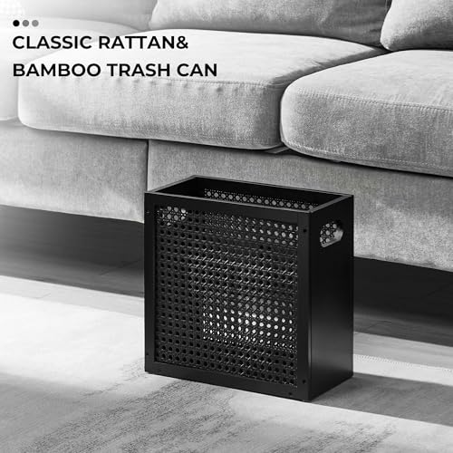 TIOPGHAD 3-Gallon Small Rattan Wicker Waste Basket Trash Can, Black | Bamboo Frame with Handles, 11.8x6.7x11.8 inches, Waterproof Coating, Ideal for Bathroom, Office and Bedroom - color: Black