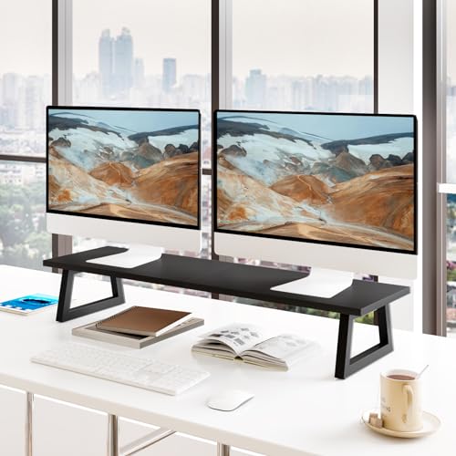 TEAMIX 31.5 inch Dual Monitor Riser, Long Black Monitor Stand Riser Wide TV Stand Riser Monitor Stand for 2 Monitors Wood & Steel Desktop Riser Desk Organization Home Office - color: Black