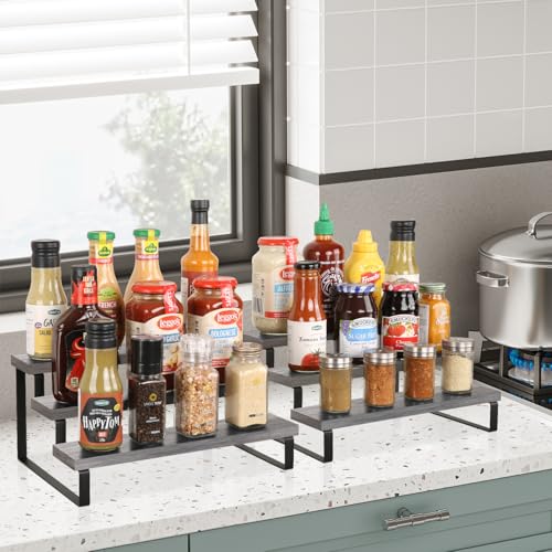 YINMIT Wooden Display Riser Stand, Tiered Perfume and Cologne Organizer Stand, 3 Tier Spice Rack Organizer, Rustic Display Shelf for Candles (3 Tier,2Pack,Grey) - color: 3 Tier,2Pack,Grey