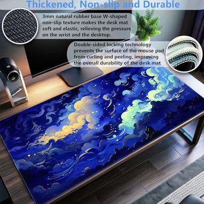 Anime Starry Night Desk Mat XXL - Celestial Clouds Large Gaming Mouse Pad | Fantasy sky aesthetic keyboard mousepad for gaming setup, waterproof smooth cloth surface with non-slip rubber base. - color: Blue Clouds
