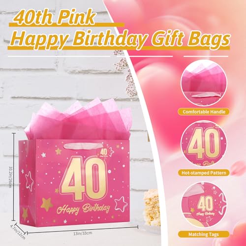 Powbrace 13" Pink 40th Birthday Gift Bag with Tissue Paper and Greeting Card for Party,Happy Birthday Gift Bag for Men Women,Gift Bags Medium size(1 Pink 40th) - color: 1 PCS Pink 40th, size: 1 count (Pack of 1)