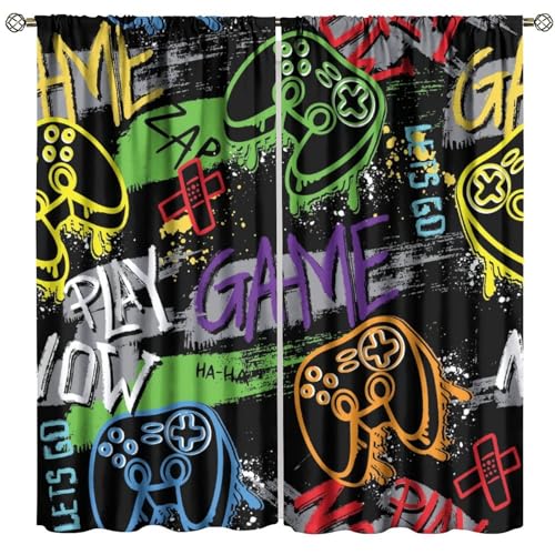 Boys Gaming Window Curtain, Colorful Video Game Controller Gamepad Graffiti Gaming Window Drapes for Teens Kids Boys Room Playroom Home 42" W X 45" L - color: Gamepad-3, size: 21"W x 45"L (Pack of 2)