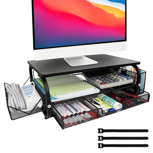Desk Organizers and Accessories Monitor Riser, Monitor Stand with Drawer (2-Tier Drawers) with Large Side Storage Rack & Cable Management,66LBS/30KG, Office Organization, Black - color: black