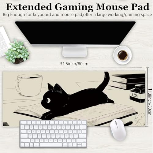 Gaming Mouse Pad XL Extended Anime Mouse Pad 31.5x11.8inch, Large Cute Kawaii Big Computer Mouse Mat Desk Pad Home Office-Black Reading Cat - color: Black Reading Cat, size: 31.5L x 11.8W inches