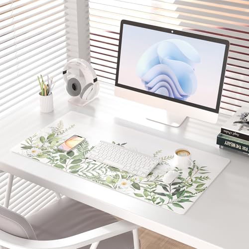Colorful Star Large Mouse Pad, Green Leaves Waterproof Office Desk Mat, Non-Slip Computer Gaming Mouse Pad, XXL PC Laptop Protector Pads, PU Leather Desk Writing Pads for Office Home, 31.5" x 15.7" - color: Watercolor Green Leaves, size: 31.5" x 15.7"