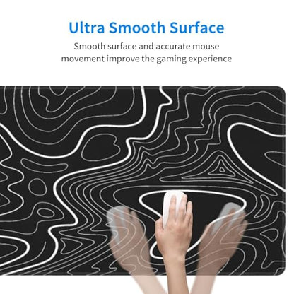 Black Topographic Contour Extended Big Mouse Pad Large,Gaming Mouse Pad Desk Pad,31.5x11.8x0.12 Inch Long Computer Keyboard Mouse Mat Mousepad Non-Slip Base and Stitched Edge for Gaming and Office - color: BlackTopographic Contour, size: 31.5Lx11.8W inche