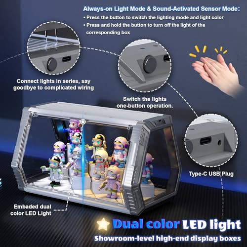 Space Capsule Acrylic Display Case for Collectibles, 2-Tier Anime Figure Display Box with LED Lights & Sound Activated, Magnetic Door, No Assembly, Stackable(White Column Style, 14.1x8.2x8.2In) - size: White & Silver（14.1 x 8.21 x 8.21 inches）