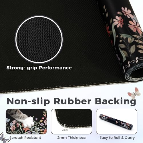 HAOCOO Floral Desk Pad for Keyboard and Mouse, Black Mouse Pad with Non-Slip Rubber Base, XXL Keyboard Mat with Edge Stitching, Soft Computer Mat, Gaming, Office Aesthetics - color: Black