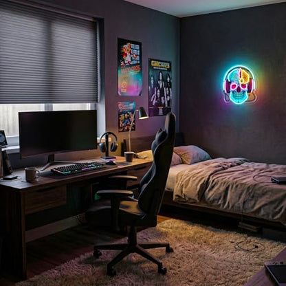 Skull Neon Sign with Headphones,LED Gaming Neon Light,Dimmable USB Powered Neon Wall Sign for Gamer Room, Bedroom, Man Cave, Cool Aesthetic Neon Sign - color: blue-skull