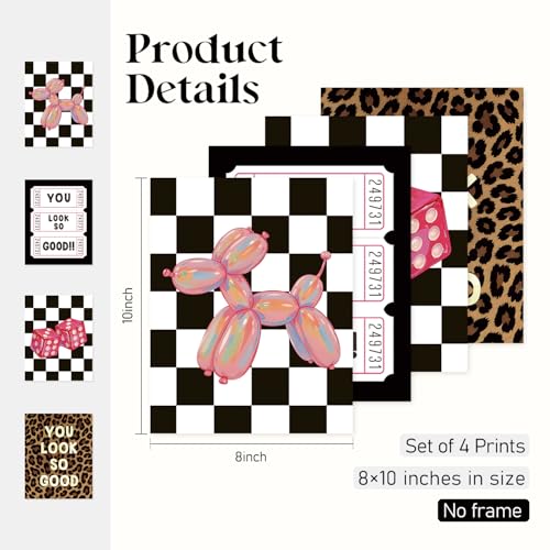 Locomiss Black and White Checkered Leopard Wall Art Posters, Retro Trendy Wall Decor, Vintage Plaid Balloon Dog Dice Leopard Posters for Girls College Dorm Bedroom Decor, Set of 4(8x10 Unframed) - color: black