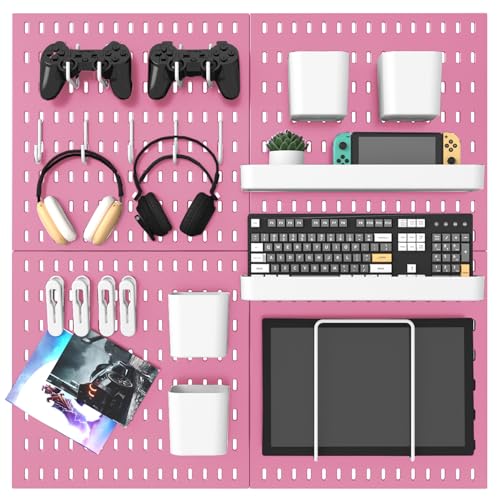 MULSAME Pegboard Combination Kit, 25.2" x 25.2" Wall Mounted Storage Set with 4 Pegboards & 20 Accessories Hanging, Peg Boards Organizer - color: Pink, size: 25.2" * 25.2"