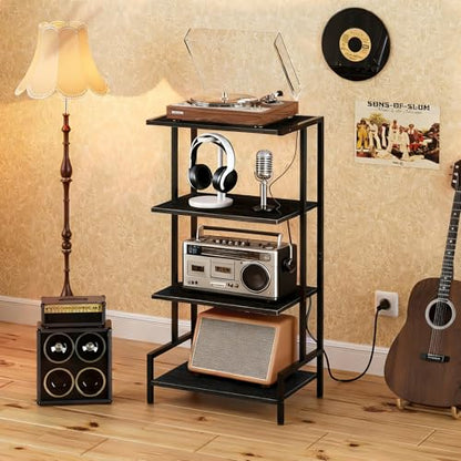 Arbuxzuy 4-Tier AV Media Stand with Power Outlet and LED Lights,Wooden Stereo Stand Cabinet,Game Console Shelf for Small Space,Audio Rack Stand Tower Ideal for Video DVD Players,Xbox - color: Black