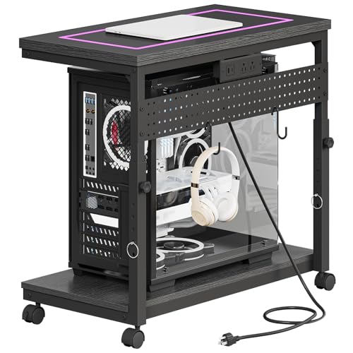 CHOEZON 31.5" Large Computer Tower Stand with Power Outlet, Under-Desk PC Cart with 2 Hooks, PC Stand with LED, Height Adjustable PC Tower Holder on Wheels, for Living Room, Office, Black TCJ51UDBB
