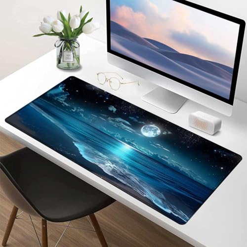 Moon Illuminating The Clear Blue Ocean Design Large Mouse pad,Large Extended Gaming Mouse Pad with Stitched Edges,Non-Slip Natural Rubber Base,Waterproof Computer Mouse Pad Keyboard Mat - color: D4