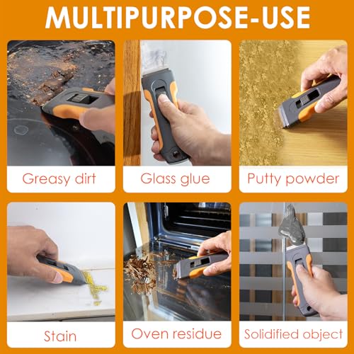 Razor Blade Scraper Tool with 15pcs Extra Blades, Cleaning Razor Scraper for Glass, Glass Top Stove Scraper for Oven Door, Cooktop Scraper, Glass Scraper Cleaning Paint from Glass (Gray) - color: Gray