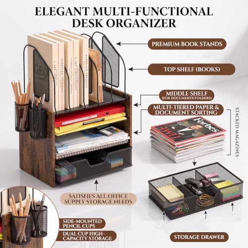Wood Desk Organizer - 4-Tier Desktop File Organizer with Drawer, Wooden Paper Tray, Vertical File Holders & 2 Pencil Holders - Office Desk Organizer for Papers, Mail, Notebooks, Stationery - size: 4 Tier Drawer with Vertical File Holder