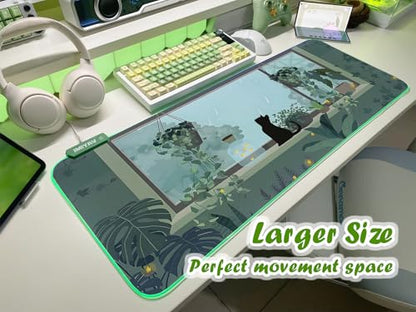 JMIYAV Black Kitten RGB Green Gaming Mouse Pad 31.5x12 Inch PC XL Large Glowing Led Light Up Desk Pad Non-Slip Rubber Base Computer Cute Mousepad Mat Desk Accessories Gaming Setup 31.5x12 Inch - color: G-black Kitten
