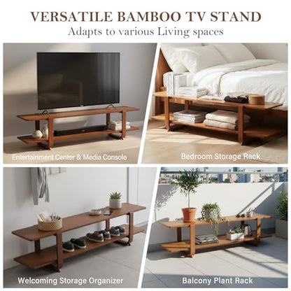 Tiita TV Stand with Storage for TVs up to 65'', Bamboo TV Console Entertainment Center with 2 Open Shelf, Mid Century Modern Media Console for Living Room, Bedroom, Walnut - color: Walnut