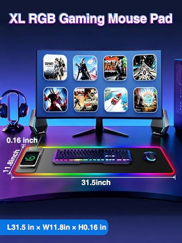 XL RGB Gaming Mouse Pad with 15W Magnetic Wireless Charging, 31.5'' x 11.8'' Extra Large LED Mousepad, 24 Lighting Effects Desk Mat with Non-Slip Rubber Base, Waterproof Ultra-Smooth Surface - color: RGB-31.5"x11.8"