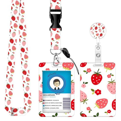ID Badge Holder with Lanyard Fashionable ID Card Holders with Retractable Lanyards Soft Fiber Metal Clip Sturdy Buckle for Key Wallet Work Nurse Teacher (Cute Strawberry) - color: Cute Strawberry
