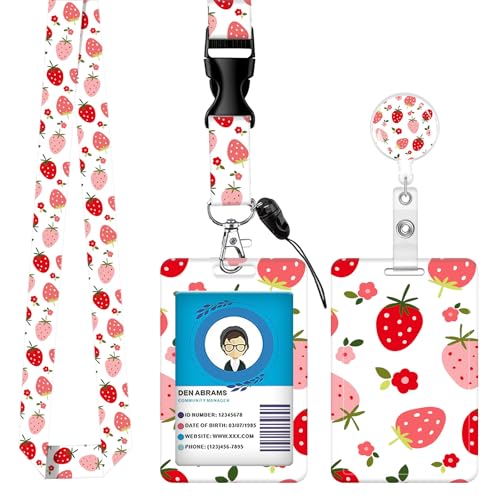 ID Badge Holder with Lanyard Fashionable ID Card Holders with Retractable Lanyards Soft Fiber Metal Clip Sturdy Buckle for Key Wallet Work Nurse Teacher (Cute Strawberry) - color: Cute Strawberry