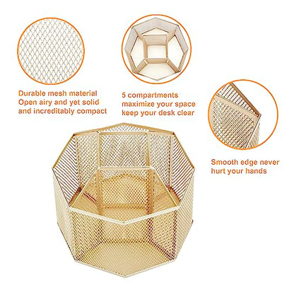 Annova Mesh Desk Organizer Rotate with 5 Compartments Spinning Tidy Candy/Pen Holder Office, Art Supply, Storage, Classroom, Home (Gold) - color: Gold