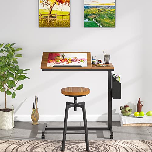 Tribesigns Height Adjustable C Shaped End Table with Wheels and Side Pocket, Mobile Sofa Snack Table with Tiltable Drawing Board, Laptop Side Tray Table for Couch Bed (Walnut Brown) - color: Walnut Brown