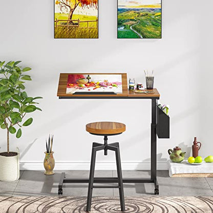 Tribesigns Height Adjustable C Shaped End Table with Wheels and Side Pocket, Mobile Sofa Snack Table with Tiltable Drawing Board, Laptop Side Tray Table for Couch Bed (Walnut Brown) - color: Walnut Brown