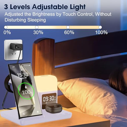 Wireless Charger for Samsung/Android, 6 in 1 Phone Nightstand Charging Station Charger with Alarm Clock/Night Light for Samsung S26/S25/S24 Ultra/Buds4,Watch Charger for Galaxy Watch 8/7/6/5 - color: Violet