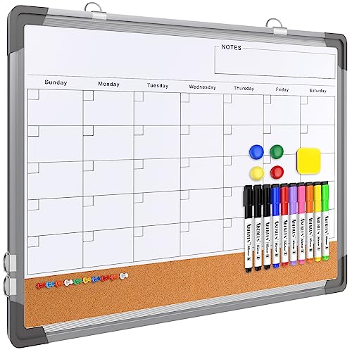 Monthly Calendar Whiteboard for Wall, 24x18 Inches Dry Erase Board with Cork Board Combo, Magnetic White Board, Double-Sided Hanging Portable Board for Office School Home Kitchen Planner Memo - style: Whiteboard 24x18 Silver