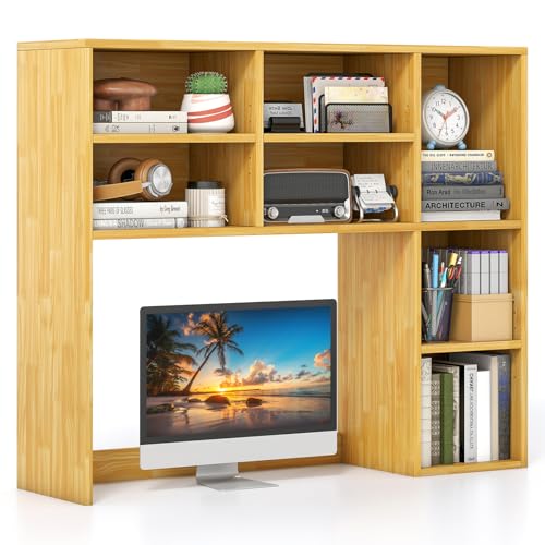 Giantex Desktop Bookshelf, Desk Hutch Dorm w/ 7 Cubes & 3 Adjustable Shelves, Desk Shelf for Up to 27" Computer Monitors, Wooden Desktop Storage Organizer for Dorm College Office Home (Burlywood) - color: Burlywood, size: 7 Shelves (31"H)