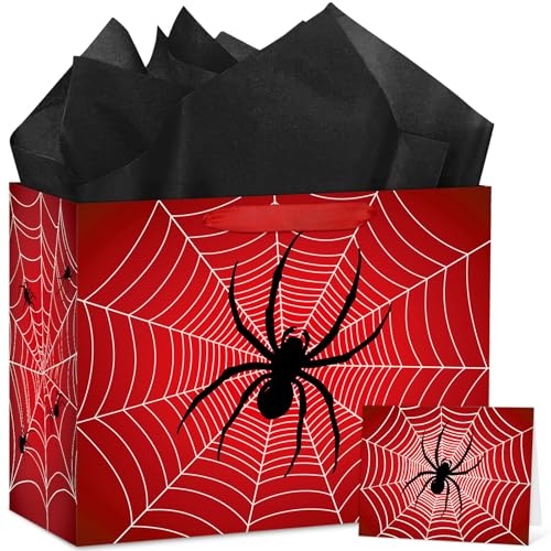 Hooqict Spider Birthday Gift Bag with Handles, Wrapping Paper, Greeting Card for Boys Kids Men Goodie Treat Party Gift Box Black Red Spider Web Birthday Decorations Halloween Bag - color: Spider